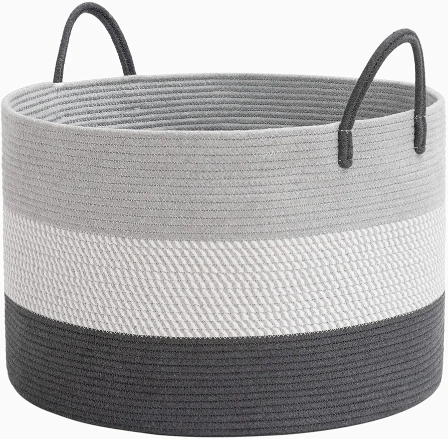 XXL Large Woven Rope Storage Basket with Handles, Grey, 21.7 x 13.8 in