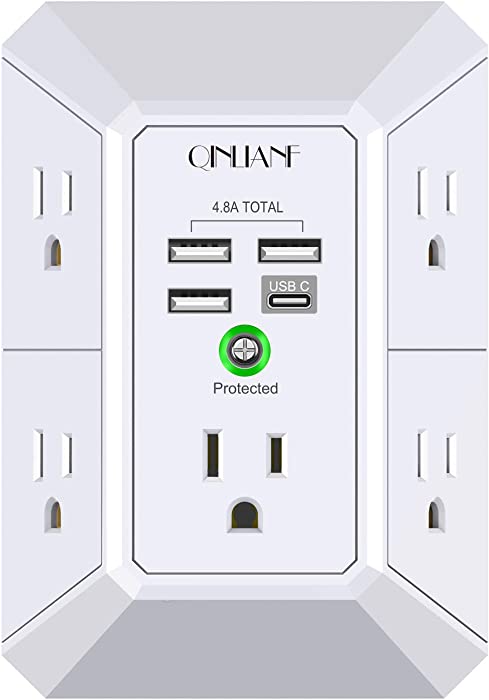 USB Wall Charger, Surge Protector, QINLIANF 5 Outlet Extender with 4 USB Charging Ports ( 4.8A Total) 3-Sided 1680J Power Strip Multi Plug Outlets Wall Adapter Spaced for Home Travel Office (3U1C)