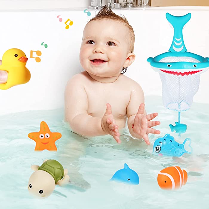 7 Pcs Bath Toys Set, Bathtub Toy Shark Fish Net Toy Swimming Turtle Bath Duck Light Starfish Dolphin Fish Water Gun Toy Fish for Pool Shower Birthday Party Decoration, 1-3 Years Old