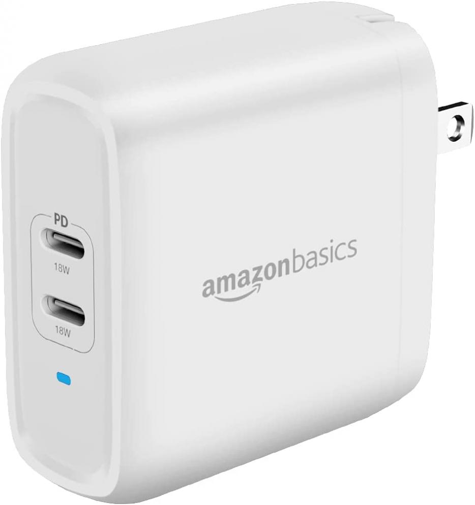 Amazon Basics 36W Two-Port USB-C Wall Charger for Tablets and Phones with Power Delivery - White (non-PPS)