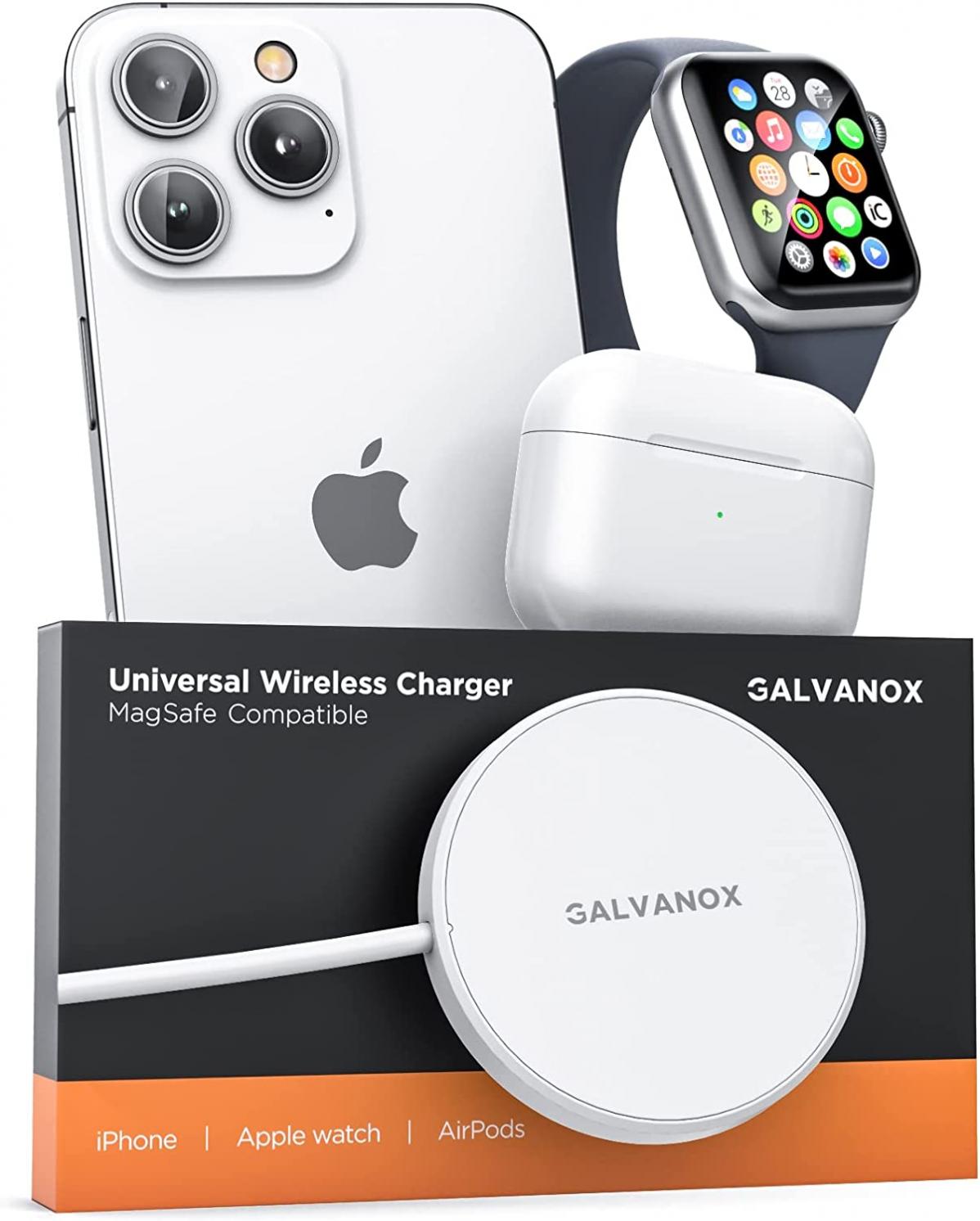 Galvanox Wireless Charger for Apple Watch, iPhone and AirPods (Dual Sided) Magnetic 3-in-1 Charging for iPhone 12/13 and iPhone 14 Models (Compatible with MagSafe)