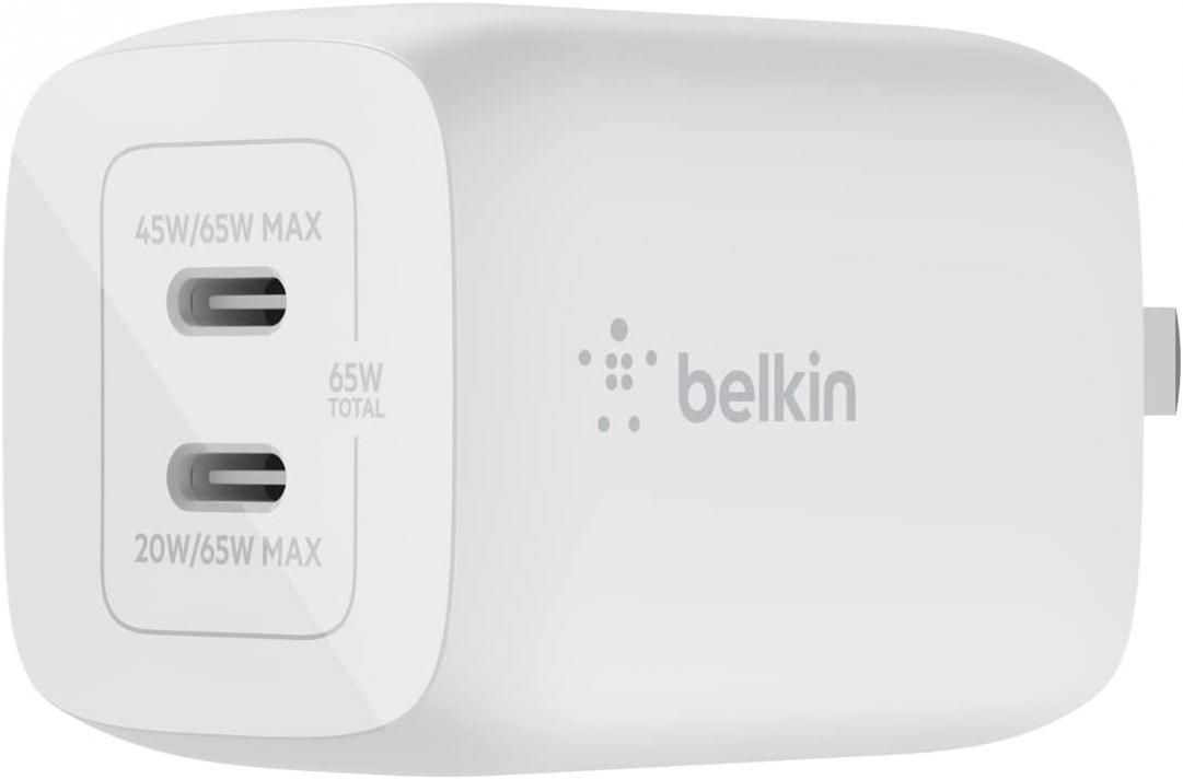 Belkin 65W Dual USB Type C Wall Charger, Fast Charging Power Delivery 3.0 with GaN Technology for iPhone 13, 12, Pro, Pro Max, Mini, iPad Pro 12.9, 11, MacBook, Galaxy S22, Plus, Ultra, Tab and More