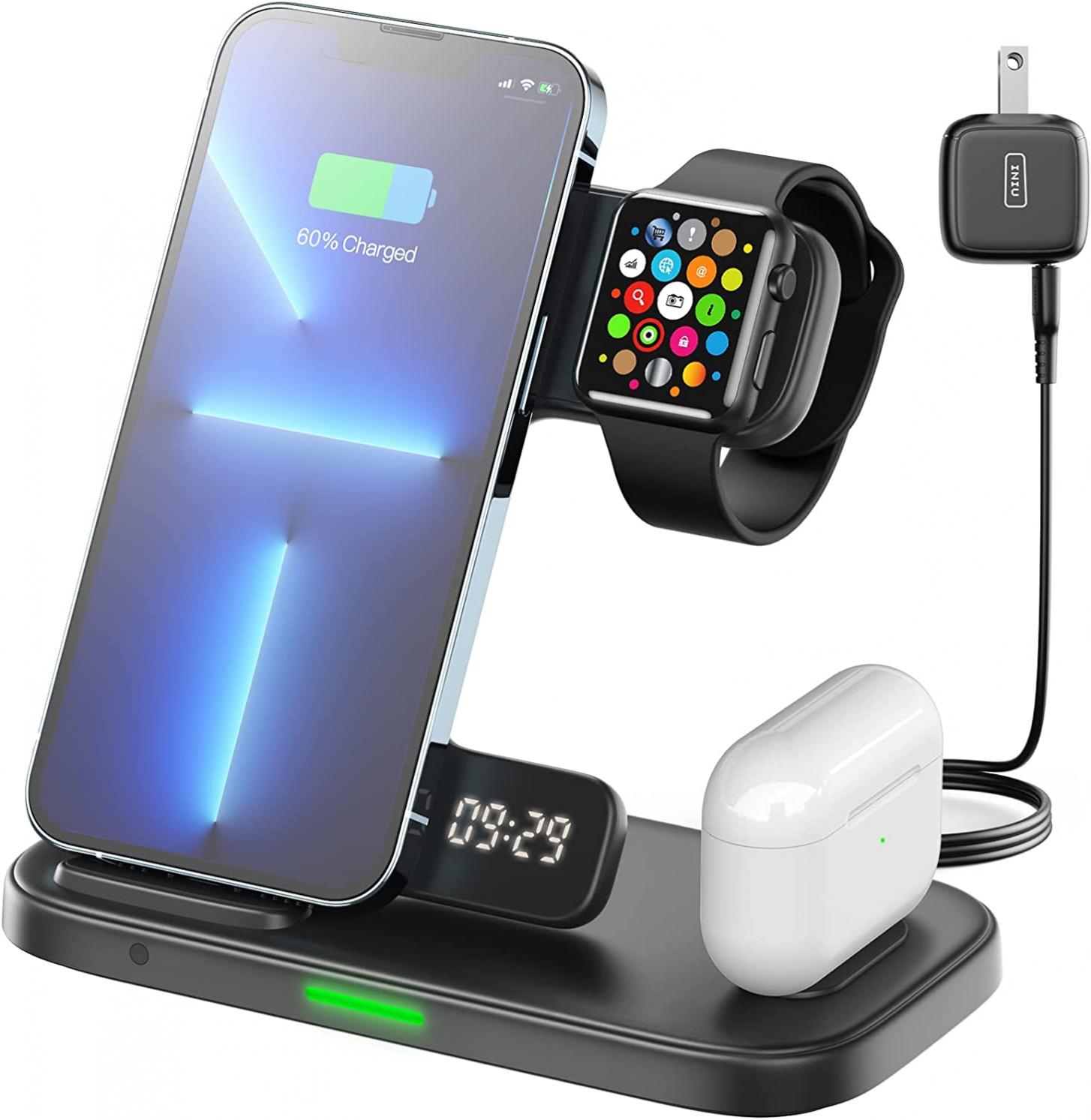 INIU Wireless Charger 3 in 1, 15W Qi-Certified Fast Wireless Charging Stand with Adaptive Light, Wireless Charger Dock Station for iPhone 14 13 Pro/13/12, iWatch 7/6/SE/5/4/3/2/1 Airpods, Samsung, LG