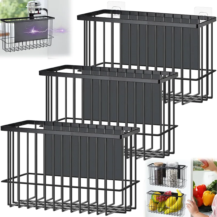 3 Pcs Magnetic or Adhesive Refrigerator Organizer Magnetic Baskets Kitchen Magnetic Holder for Refrigerator Metal Shelf Rack Storage with 2 Types of Installation