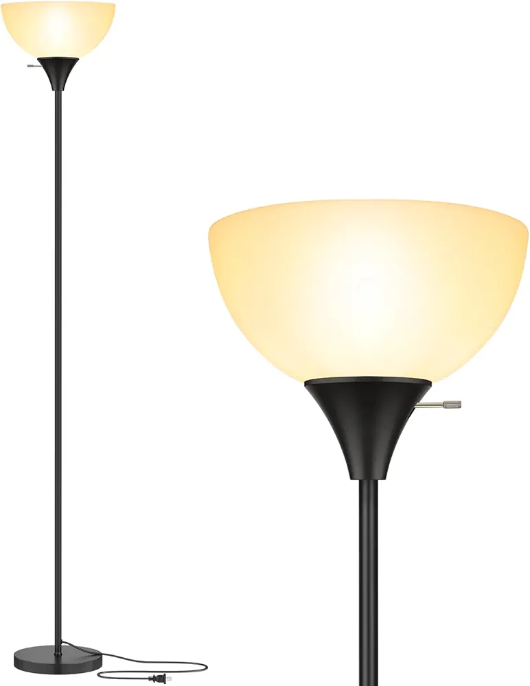 Floor Lamp, LED Standing Lamps with White Plastic Shade, Black Modern Torchiere Floor Lamp, Tall Lamps for Living Room Dorm, Bulb not Included