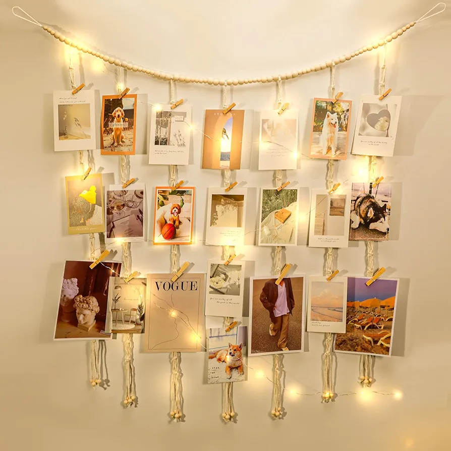 Macrame Hanging Photo Display Boho Wall Decor, Picture Christmas Card Holder with String Lights, Photo Hanger with 50 Clips for Room, Dorm, Nursery, Home Decor, Teenage Teen Girl Gifts