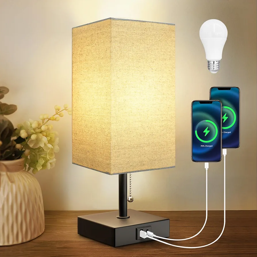 Bedside Lamp for Bedroom with USB Port, Beige Table Lmp with USB C + A Charging Ports, Pull Chain Nightstand Lamp with Fabric Shade for Living Room, Dorm, Home Office (LED Bulb Included)