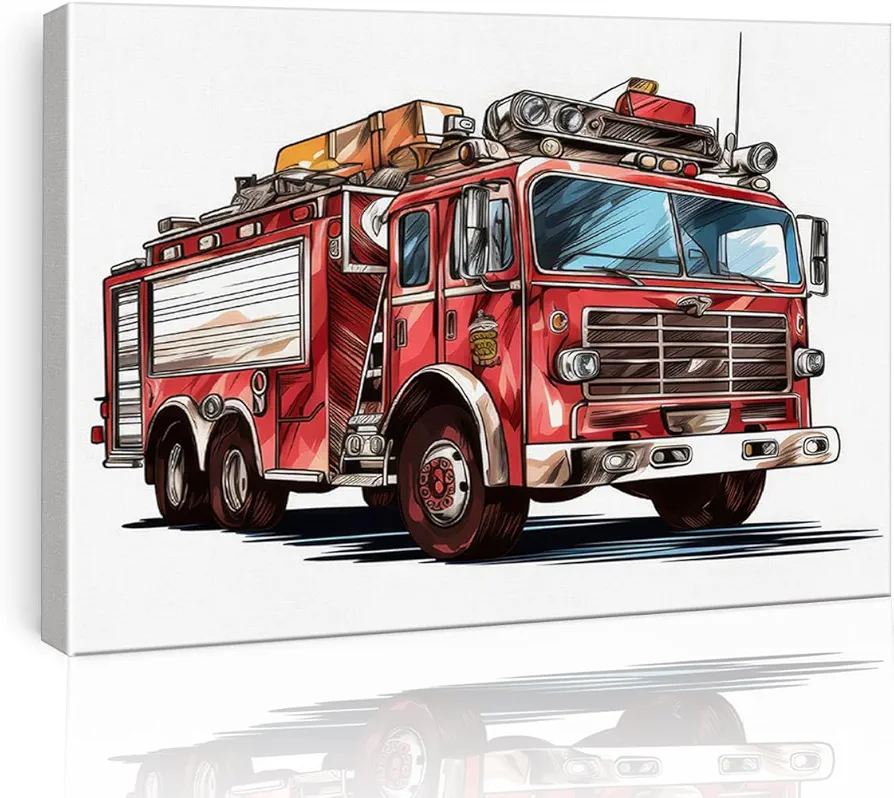 Firetruck Wall Art Boys Room Decor Watercolor Firetruck Poster Framed Painting Print Canvas Artwork for Home Office Nursery Decor 12 X 15 Inch