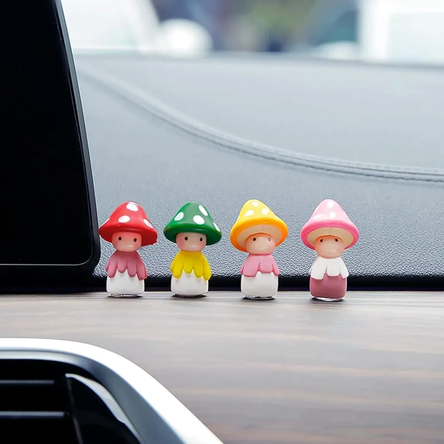 4Pcs Multicolour Car Interior Mini Mushroom Frigurines Dashboard Decorations Cute Decoration for Vehicle Room Cake Car Interior