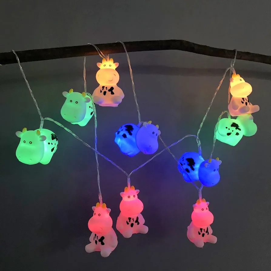 Cute Animal Shape String Lights Dairy Cow Night Light Colorful Cow Fairy Lights Battery Powered for Wedding Christmas Easter Children's Bedroom Decoration (1.65m/10leds, White Cow)