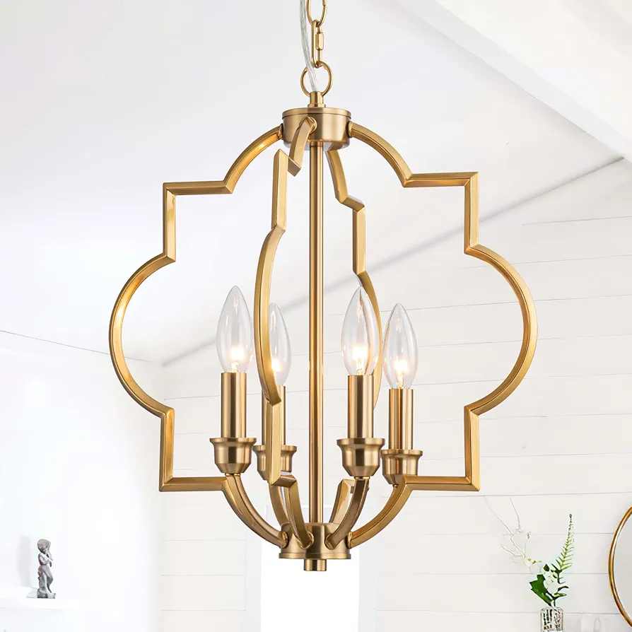 15.6“Gold Farmhouse Chandelier Dining Room Light Fixtures Over Table, Brass Kitchen Island Pendant Light, 4 Light Rustic Orb Geometric Ceiling Hanging Lighting for Entryway Foyer Bar Restaurant