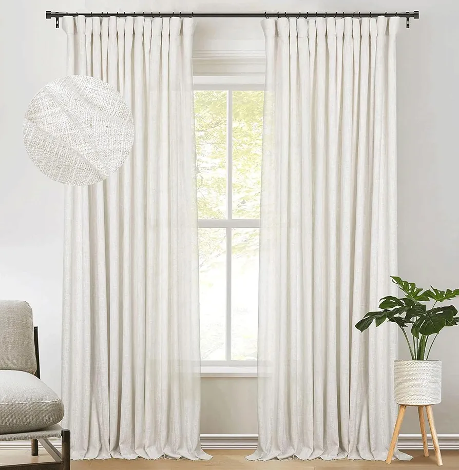 zeerobee Beige White Linen Curtains for Living Room/Bedroom Linen Curtains 90 Inch Length 2 Panels Set Farmhouse Neutral Pinch Pleated Curtains Light Filtering Privacy Curtains, W50 x L90