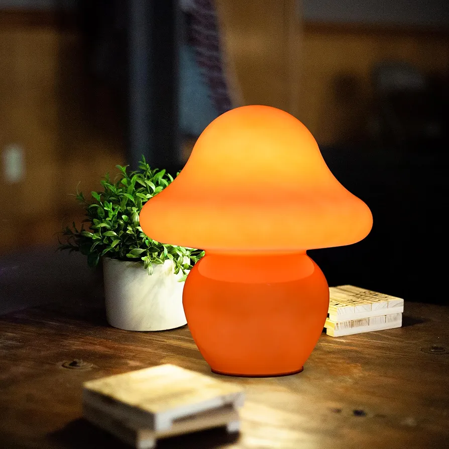 Orange Lamp, Mushroom Lamp Small Glass Table Lamps for Nightstand Room Decor Cute Vintage Desk Aesthetic Girl Night Light for Bedroom Living Room Bedside Dorm Gifts (Small Orange Lamp)