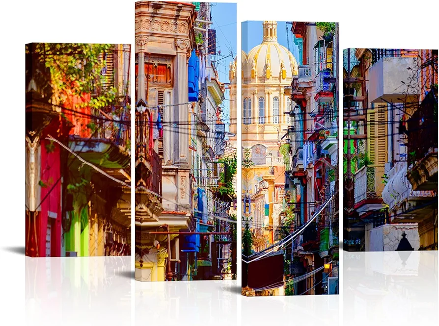 Nachic Wall Town Street Canvas Wall Art Colorful Old Havana Cuba Pictures Canvas Prints Vaintge Town Scenic Paintings Artwork for Living Room Bedroom Decor