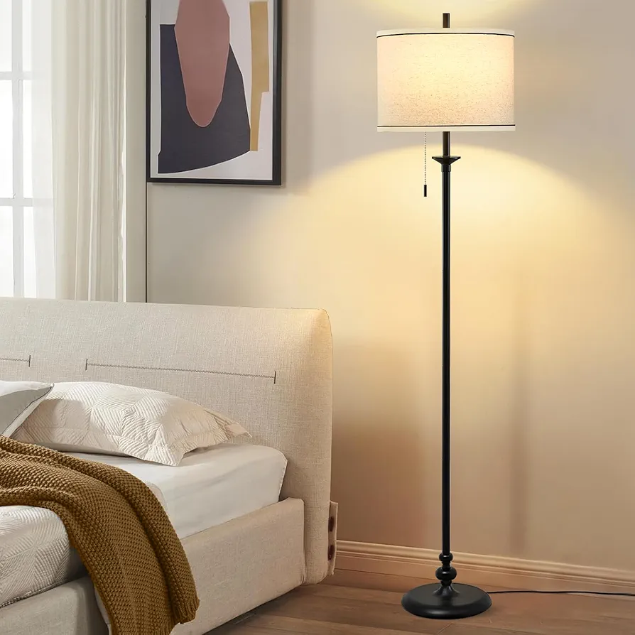 Luvkczc Modern 60" Tall Standing Lamp for Living Room with Classical Drum Shade &Pull Chain - Corner Reading Light for Bedroom, Office, Dining Room, Farmhouse Room Decor (Bulb Included)