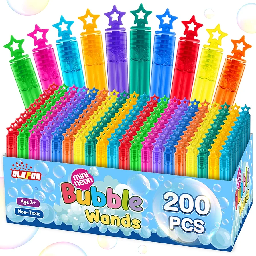 200 Pcs Mini Bubble Wands in 10 Color, Bulk Party Favors for Kids, Themed Birthday, Christmas, New Year, Valentine, Carnival, School Classroom Prizes for Boys & Girls, Ideal Goodies Bags Stuffers