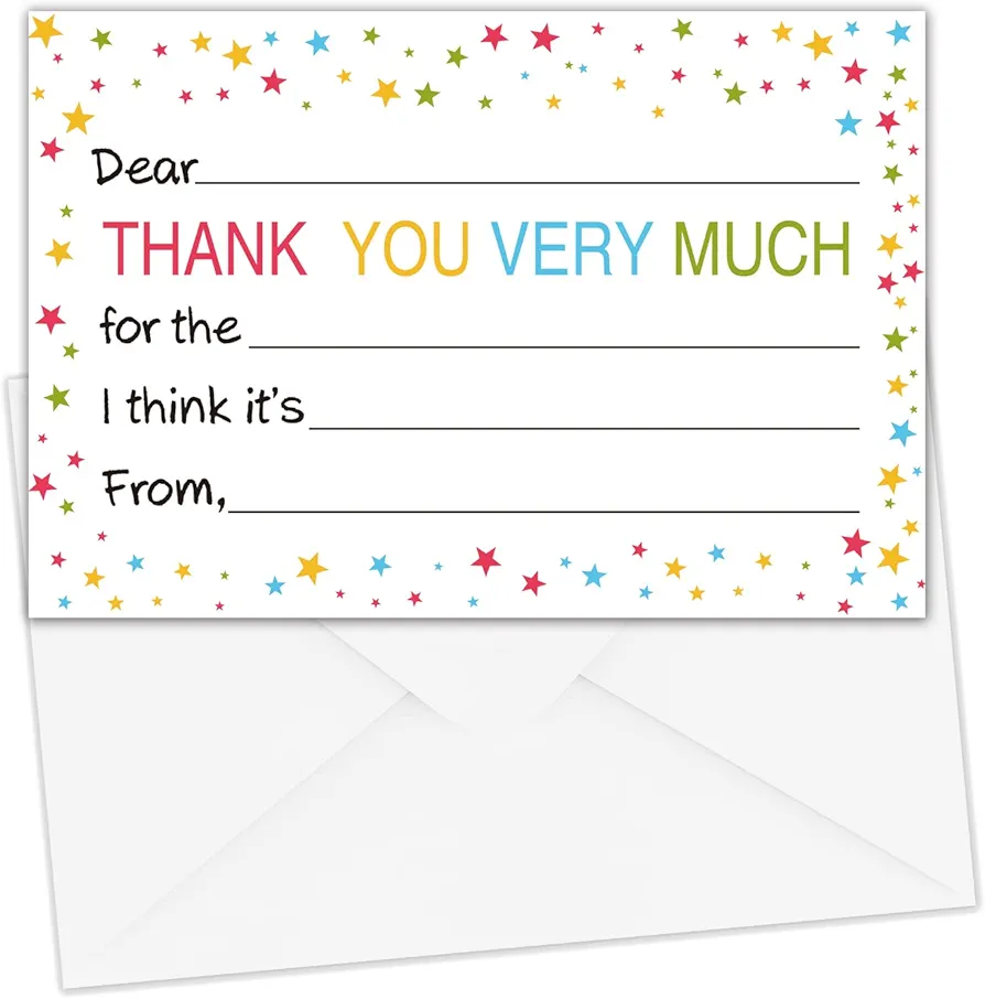 Kids Fill in the Blank Thank You Postcards - Fun Thank You Notes For Boys or Girls - Colorful Thanks Cards With Envelopes -25 Card Set.