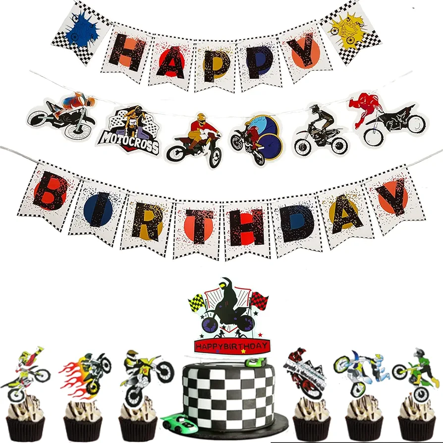 28pcs Motorcycle Theme Banner Party Supplies Dirt Bike Birthday Decoration Dirt Bike Party Supplies Banner Cake Cupcake Topper for Boy Riding Room Wall Decoration