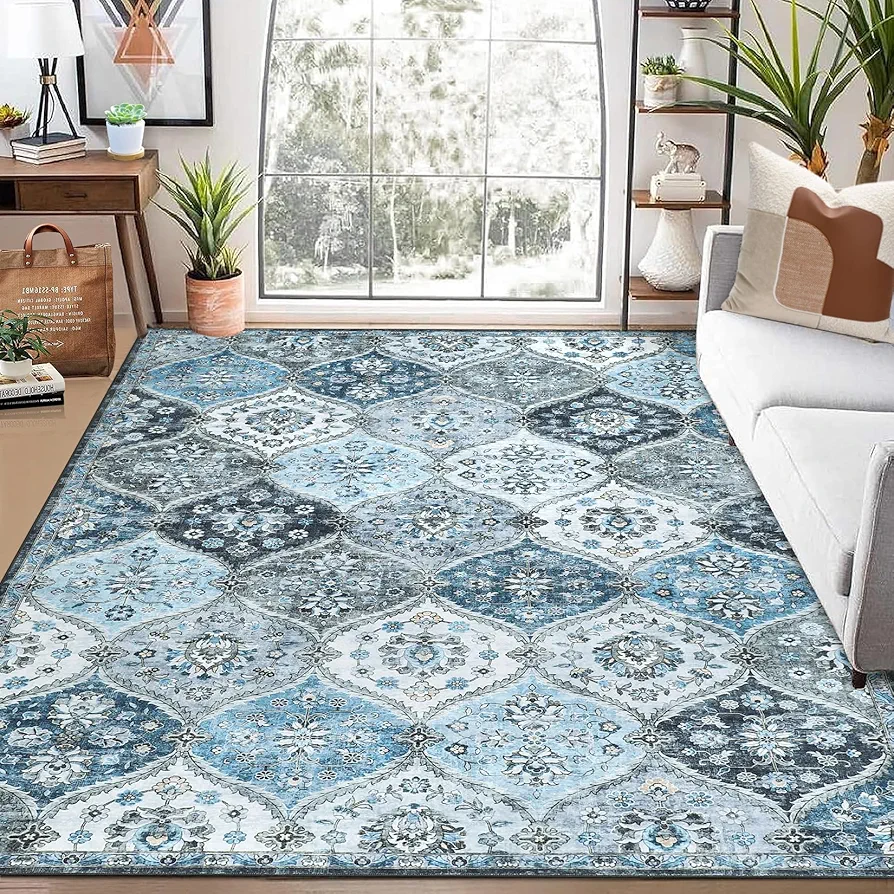 GAOMON 9x12 Area Rug Moroccan Trellis Machine Washable Area Rug for Living Room Bedroom Vintage Medallion Floral Non-Slip Stain Resistant Accent Rug Carpet for Home Decor, Blue/Grey