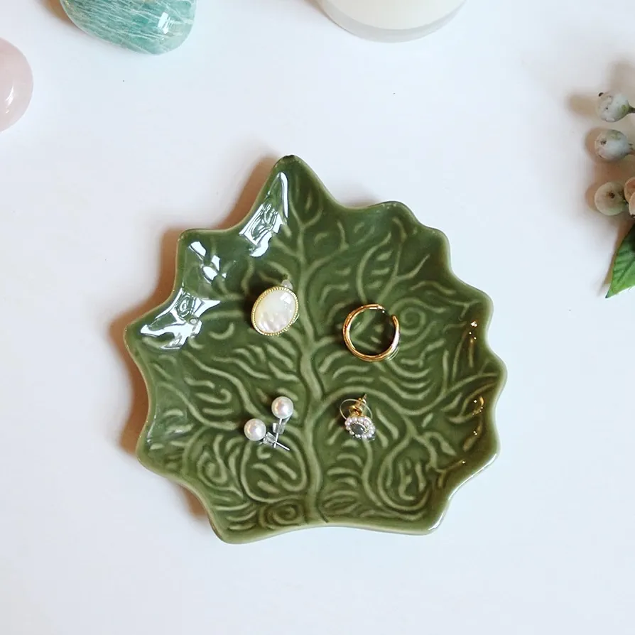 Jewelry Dish Trinket Tray for Women, Ring Dish Holder, Unique Leaf Shape Ceramic Plate Cute Things Vanity Aesthetic Room Decor Mother's Day Birthday Christmas Warm House Gifts (Green)