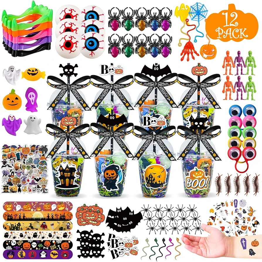 Halloween Party Favors, 12 Pack Kids Party Cups Bulk Toys Trick or Treat, Treat Bags Goodie Bag with Stuffers Classroom Prizes Gifts Non-candy