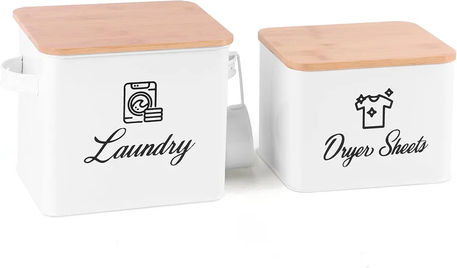 Farmhouse Laundry Room Organization and Storage Set, Dryer Sheet Holder and Laundry Powder Container with Wooden Lids & Scoop, Modern Laundry Room Organization