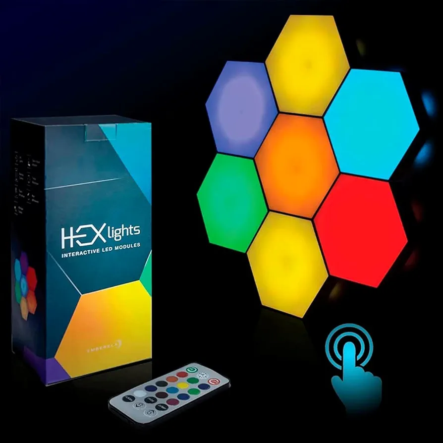 Emberela HEXlights 7-Pack Hexagon Lights, Touch & Remote Controlled RGB Wall Panels, Hexagon LED Lights Panels - Great for Living Room, Bedroom & Game Room Decor - includes Stand for Tabletop