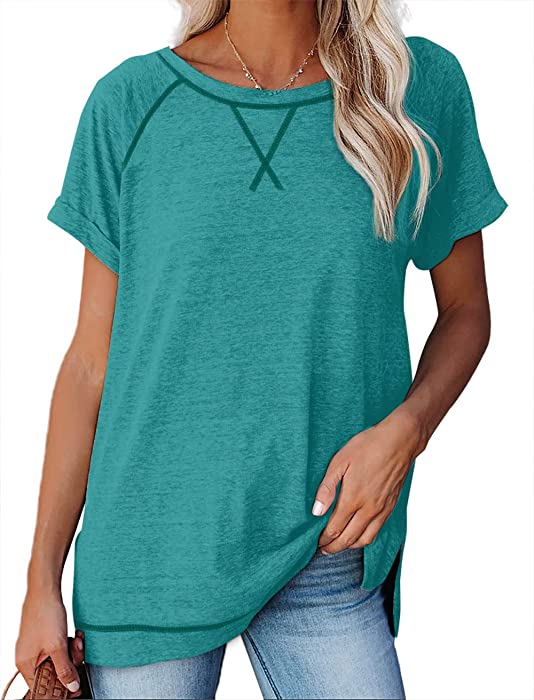 Aokosor Womens Summer Tops Lightweight Short Sleeve Tshirts Crewneck Split Side