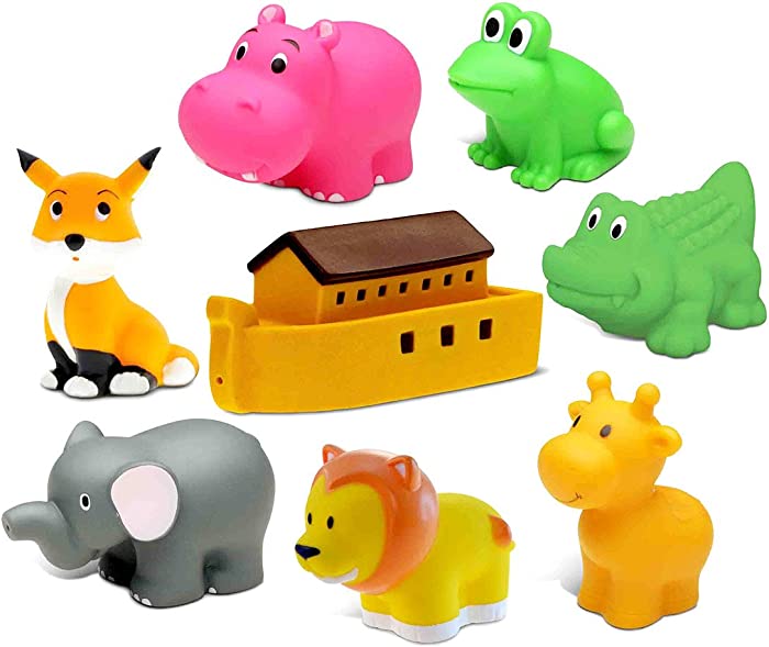 Dollibu Bath Buddies Noahs Ark and Critters Rubber Squirter Toys - Boat, Elephant, Lion, Giraffe, Alligator, Fox, Hippo, Frog - 3 inch - for Baths, Pool, Outdoor - Baby Bathtime Learning (8pc Set)