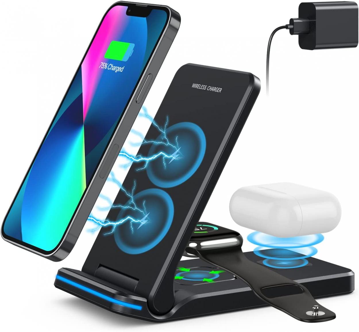 Wireless Charger, 3 in 1 Fast Charging Station, Folding Wireless Charger Stand for iPhone 14,13,12,11/Pro/Max/Mini/Plus, X,XR, XS/Max,SE, 8/Plus,Apple Watch 1-8,Airpods 3/2/Pro with 18W Adapter(Black)