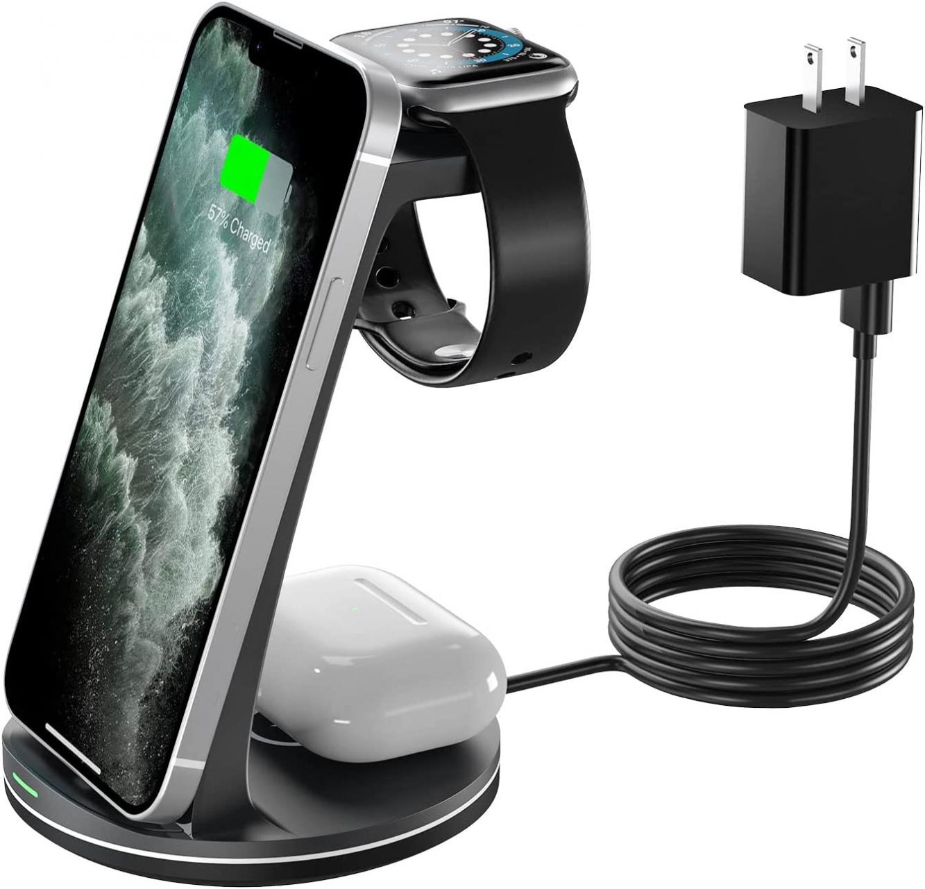 FEANS Wireless Charger 3 in 1, 15W Fast Wireless Charging Stand Qi-Certified for iPhone 13/12/SE 2020/11/XS Max/XR/X/8 Plus, iWatch 7/6/5/4/3/2/1, Airpods Pro/3/2/1, Samsung Galaxy (Adapter Included)