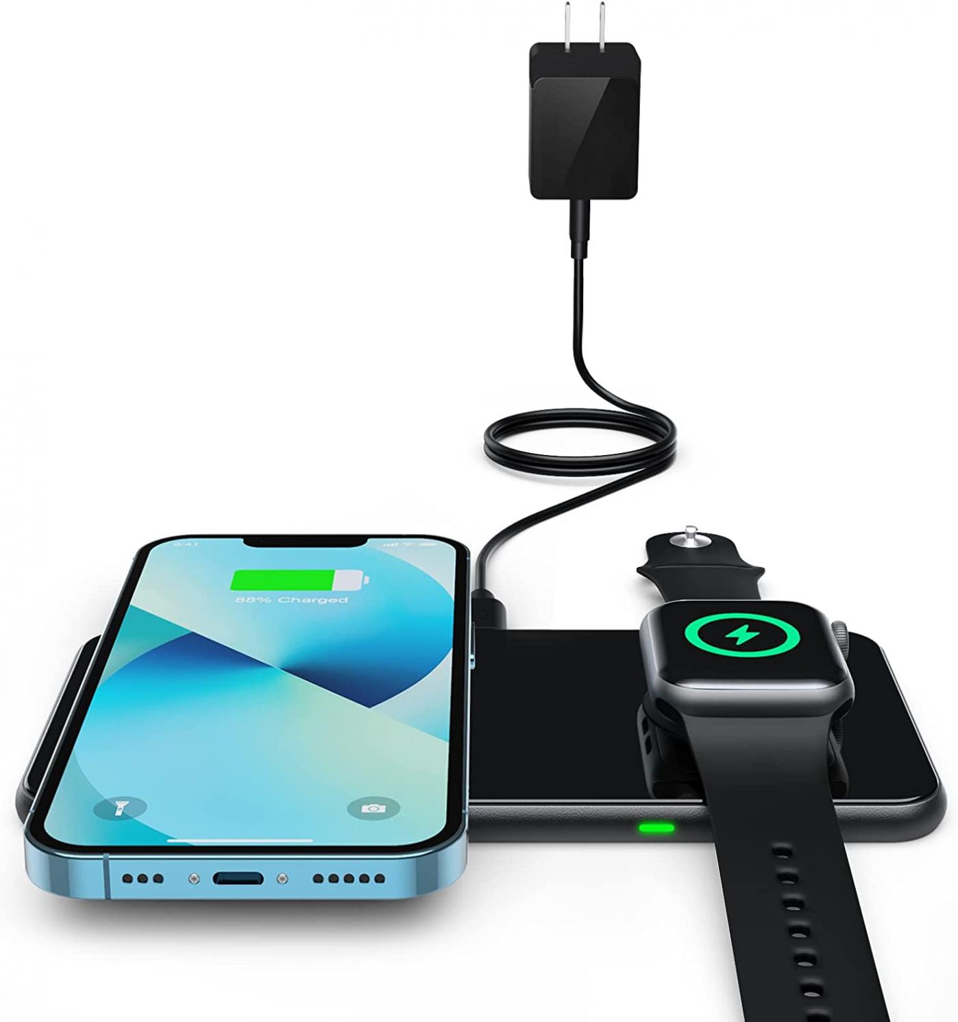 2 in 1 Wireless Charger, 15W Dual Wireless Charging Pad for iPhone 14/14 Pro/13/13 Pro/12/12 Pro/11/X/8, Samsung S22/S21/ S20/ Note 20, Airpods 3/2/Pro, iWatch 8/7/6/SE /5/4/ 3/2(with QC 3.0 Adapter)