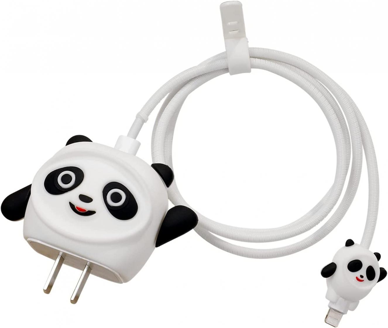 3D Cute Cartoon Charger Protector Case - Compatible for Apple 20W USB-C Power Adapter and Lightning Cable (White Panda)