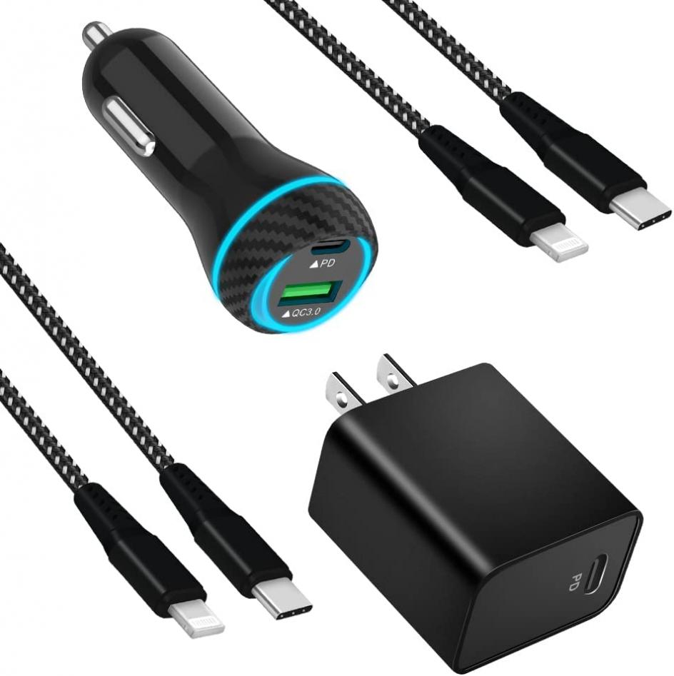 COYZA Fast USB C Charger Kit, Compatible with iPhone 14 Pro Max/13/12/11/X/8, 20W PD Rapid Charging Car Adapter&Wall Charger Block with 3.3&6.6ft MFi Certified Type C to Lightning Nylon Braided Cable