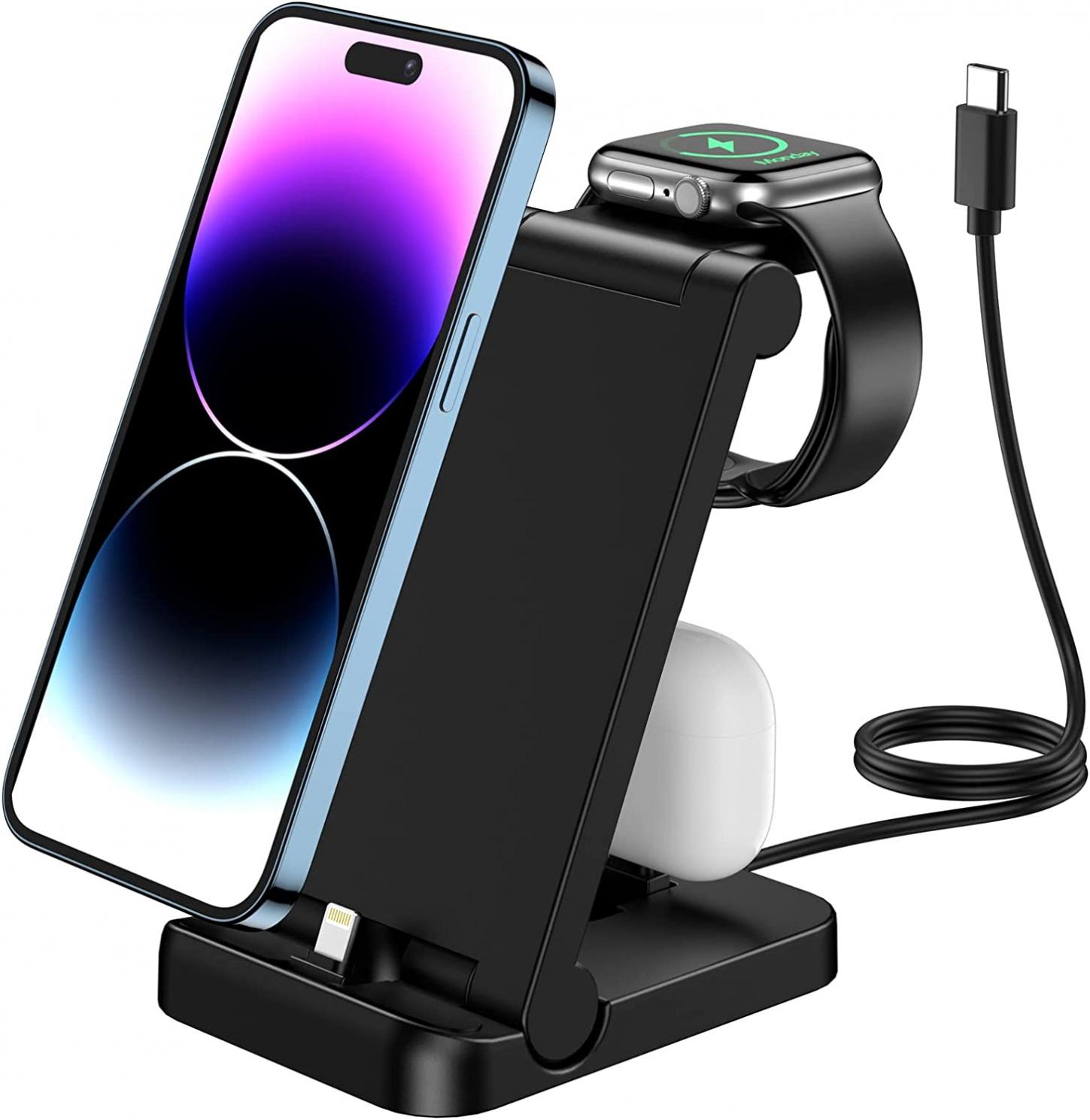 Charging Station for Multiple Devices 3 in 1 Foldable iPhone Wireless Charging Stand Pad for iPhone 14/13/12/11Pro/Max/XR/XS Max/X, Apple Watch 8/7/6/SE/5/4/3/2, AirPods 2/Pro（Adapter is not Included）