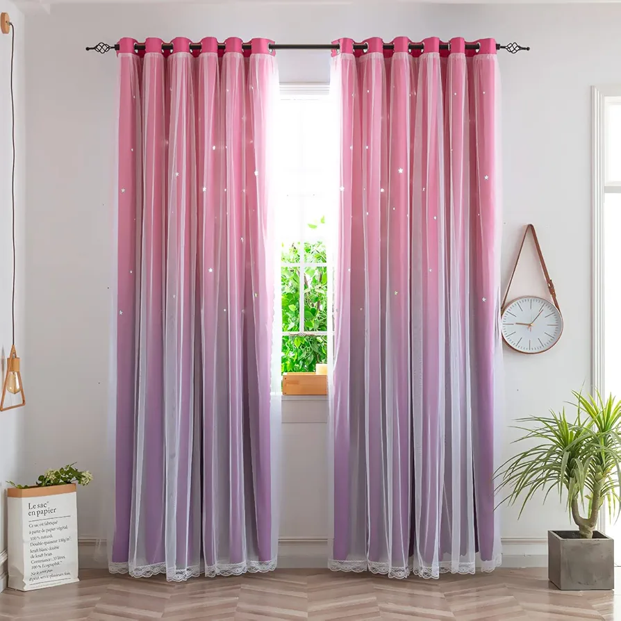 Yancorp Kids Curtains for Girls Bedroom Princess Curtains for Daughter Room 63 Inches Long Star Curtains with Tieback & 3 Bowties(Pink Purple,W52*L63),1 Panel