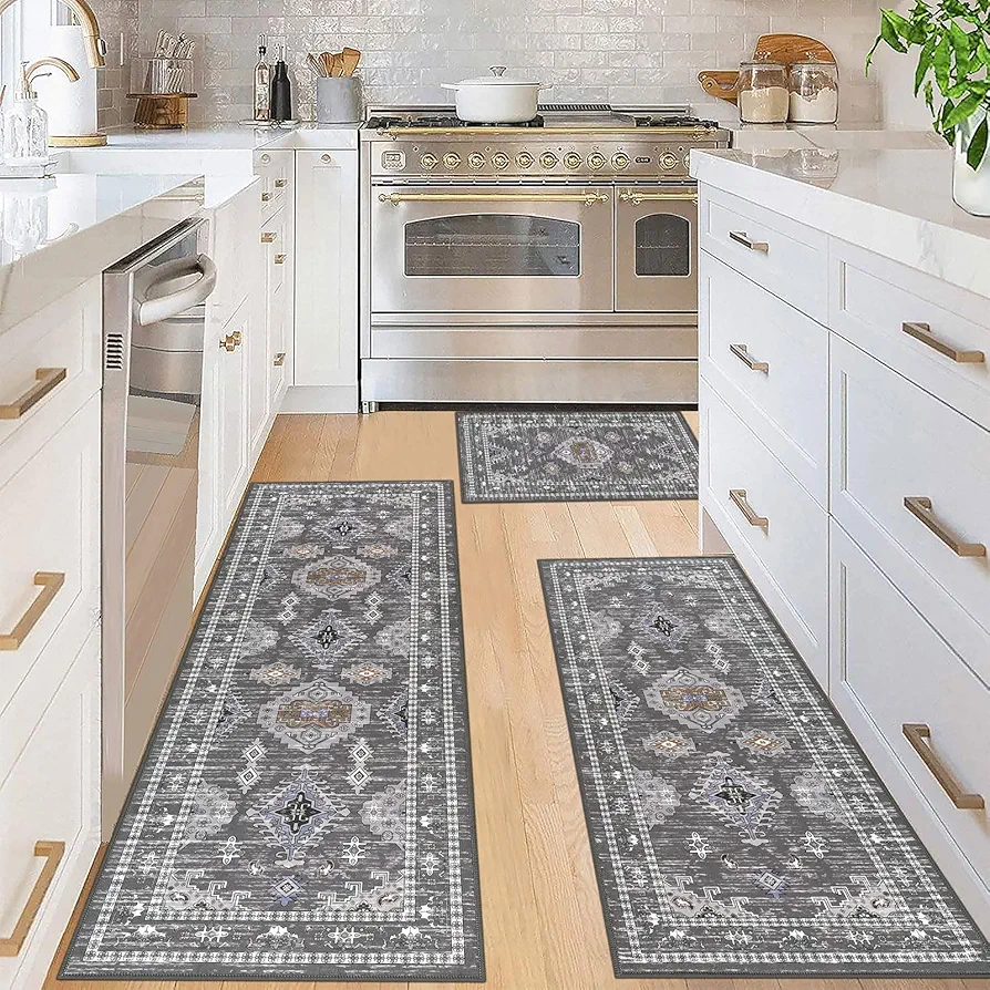 Ileading Vintage Kitchen Rug Sets 3 Piece with Runner Grey Kitchen Floor Mat Carpets Boho Kitchen Rugs and Mats Washable Kitchen Area Rug for Kitchen Floor Hallway Living Room Laundry