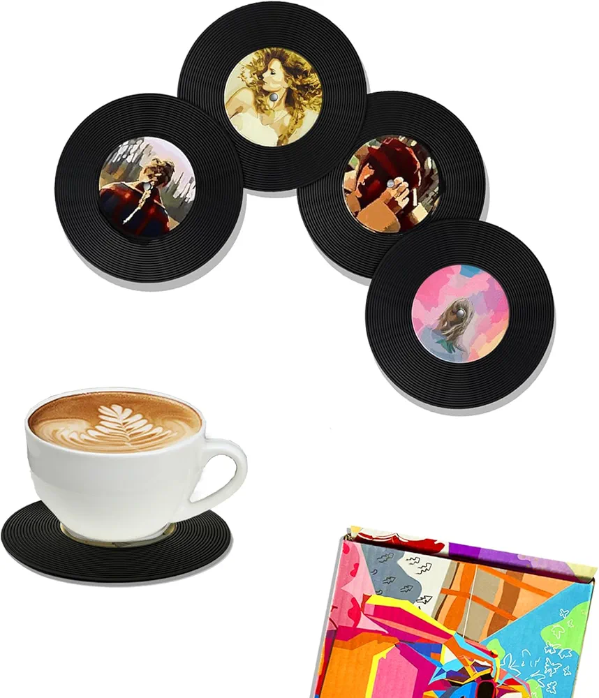 Vinyl Record Coasters, Music Lovers Drink Coasters, Set of 4, can be Used for Kitchen, Living Room, Coffee Table, Apartment, Bedroom, Desk and Home