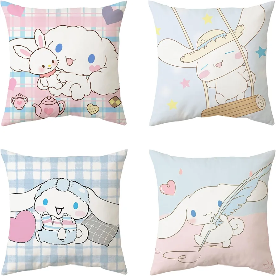 Kawaii Throw Pillow Covers Set of 4, Cute Cartoon Anime Decorative Pillows Covers for Bed and Couch/Sofa, 18x18 Inch Pillow Cases for Bedroom and Living Room (C)