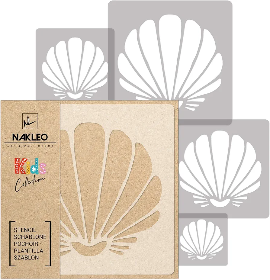 NAKLEO 5 pcs Reusable Plastic Stencils - Scallop Shell Crustacean - 13.4" to 3.5" - Pattern Children Kids Painting Template Room Decor - Craft DIY Wall Furniture