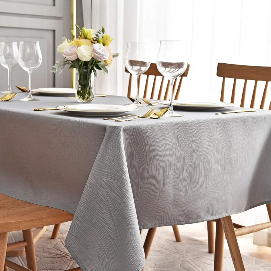 maxmill Jacquard Table Cloth Waving Pattern Water Proof Wrinkle Free Heavy Weight Soft Tablecloth Decorative Fabric Table Cover for Outdoor and Indoor Use Rectangular 60 x 104 Inch Light Grey