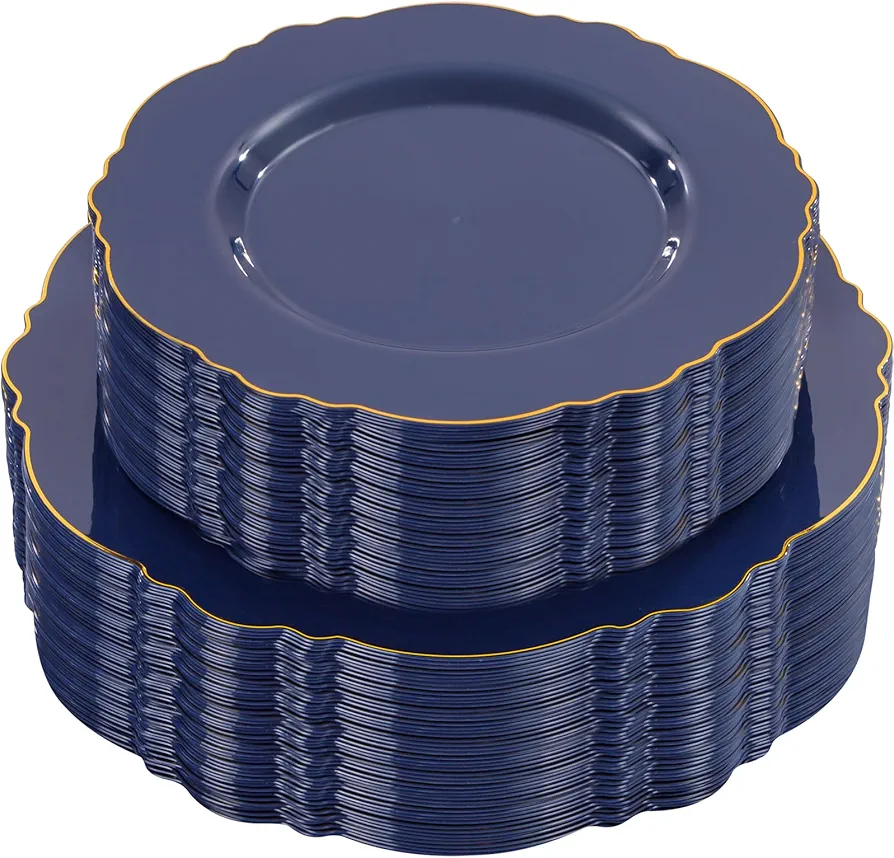 WDF 100pcs Blue Plastic Plates-Baroque Blue&Gold Disposable Plates for Upscale Parties&Wedding-including 50Plastic Dinner Plates 10.25inch,50Salad Plates 7.5inch