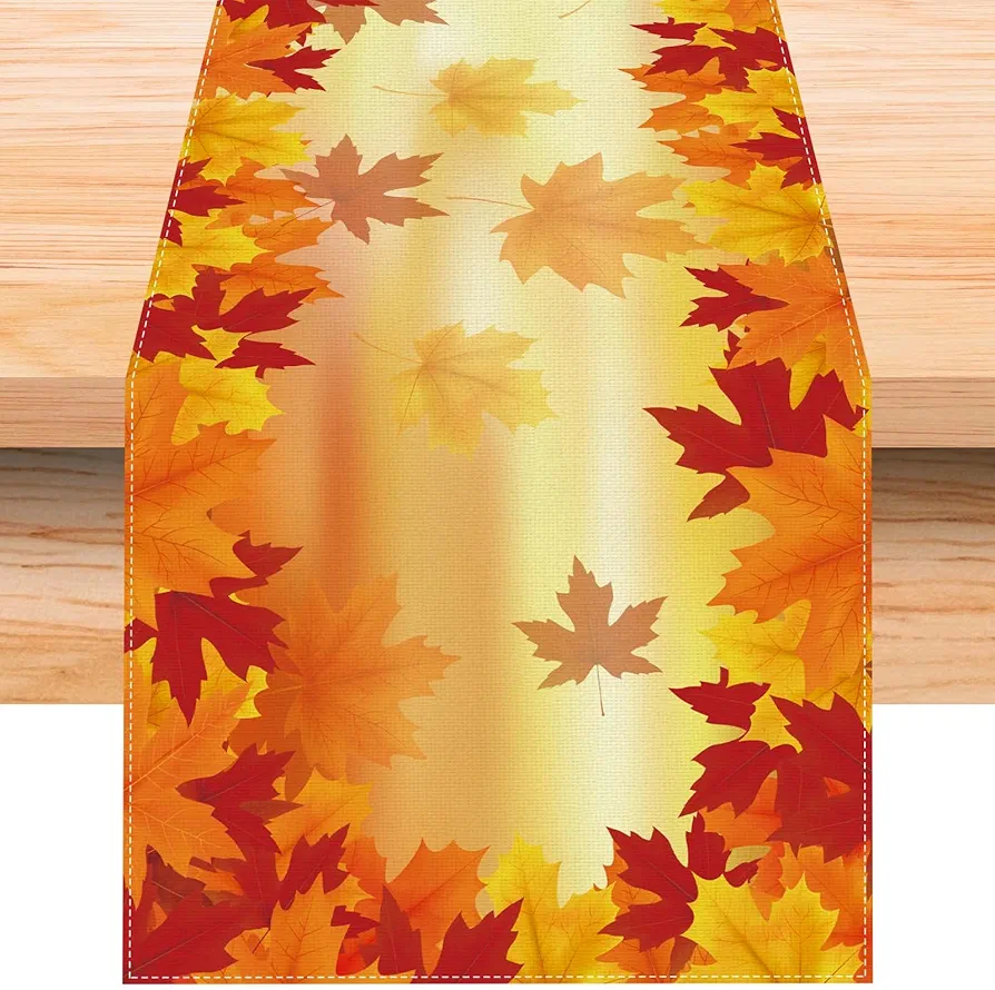 Linen Orange Watercolor Maple Leaf Fall Table Runner 72 Inches Long Farmhouse Fall Autumn Thanksgiving Home Kitchen Dining Room Table Decoration