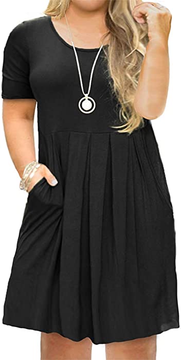 Tralilbee Women's Plus Size Short Sleeve Dress Casual Pleated Swing Dresses with Pockets