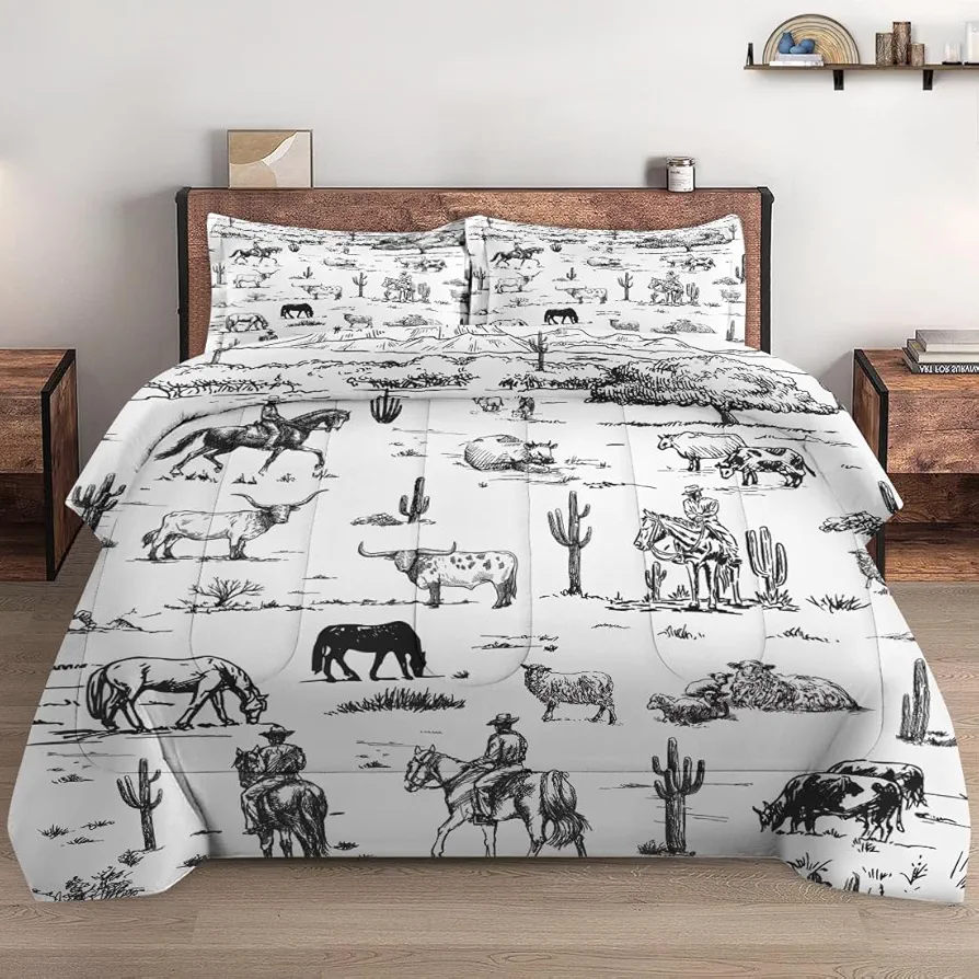 Twin Size Comforter Set with Pillowcase, Cowboy Cow Farm Soft Bedding Set for Kids and Adults, Horse Vintage Western Comforter Set for Room Bedroom Bed Decor