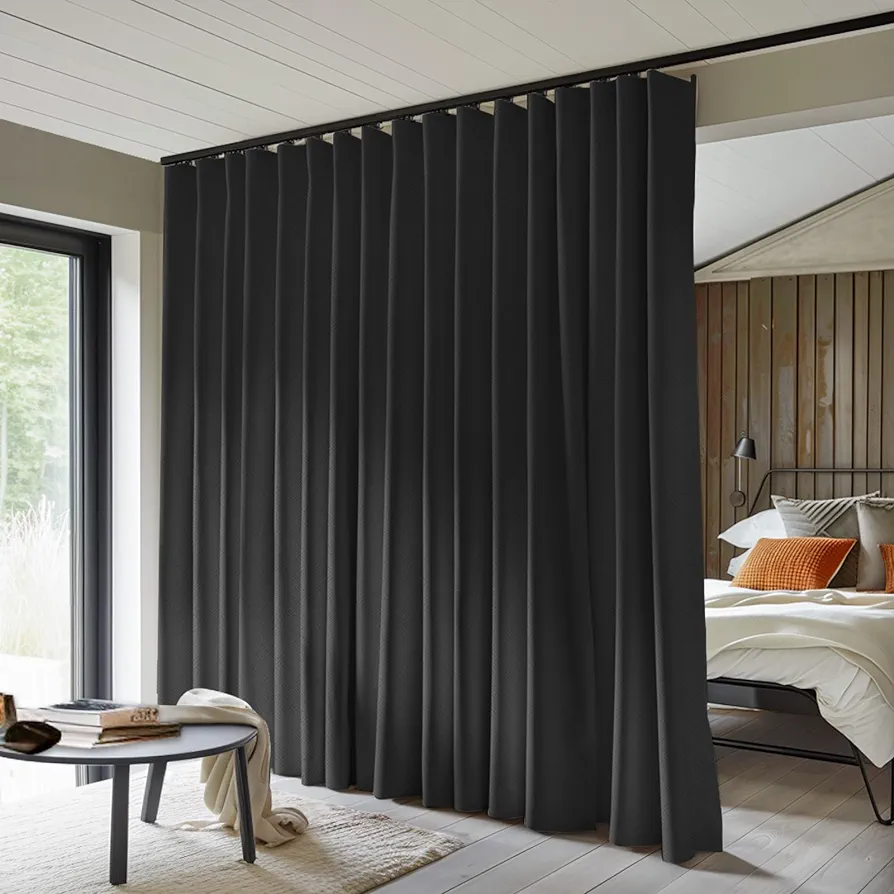 Room Divider Curtains Total Blackout Privacy Curtain Panel Room Thermal Insulated Noise Reduction Curtain for Bedroom Window Living Room Ceiling Track Curtain W 10 ft × H 9ft Black.