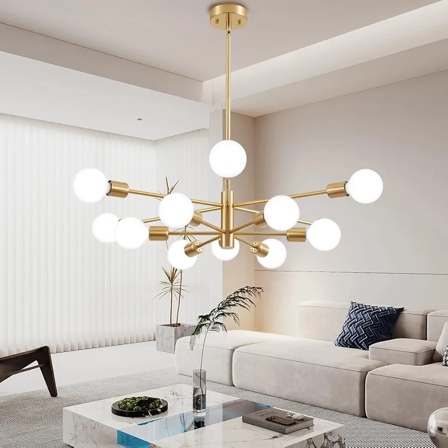 Sputnik Chandelier Modern Gold Chandeliers 12-Light Mid Century Ceiling Lighting Fixture for Living Room, Kitchen, Bedroom, Dining Room, and Farmhouse