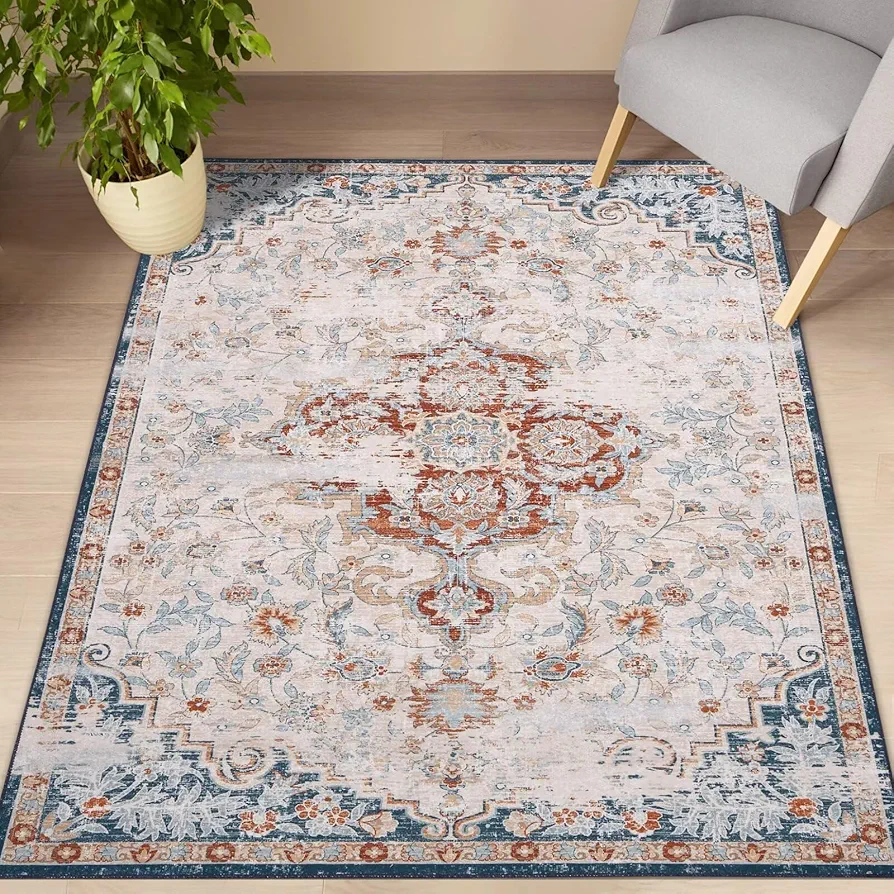 Area Rug 9x12 Washable Boho Rugs Oriental Medallion Vintage Rug Non-Slip Non Shedding Large Rug Indoor Throw Carpet Low Pile for Laundry Room Office Bedroom, Blue/Beige