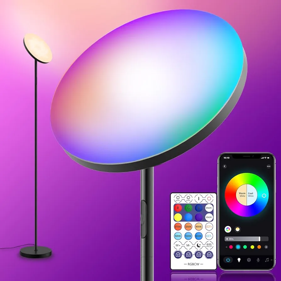 Living Room Floor Lamp, Smart 2000LM Bright Floor LED Lamps, 16 Million RGB Dimmable Color Temperature Standing Tall Lamp with Remote Touch Button, Adjustable Angle Floor Lamp for Bedroom Office.