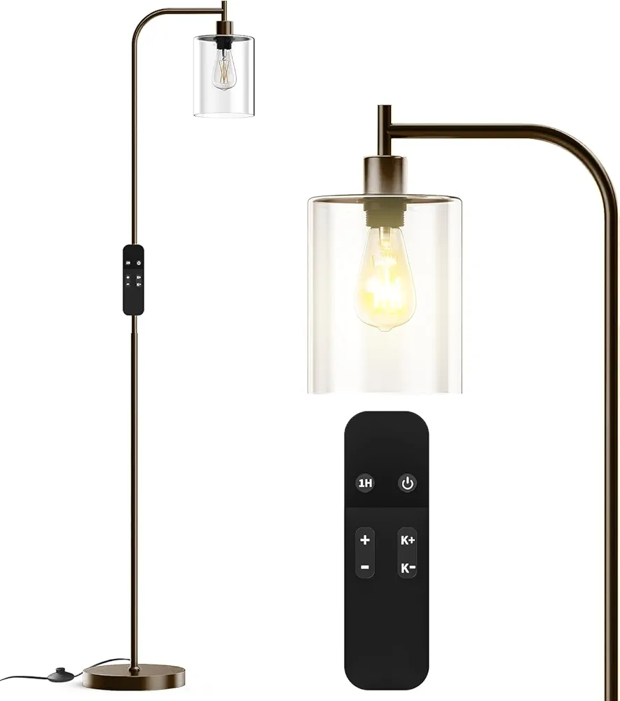 PAZZO LED Floor Lamp, Industrial Standing Lamp with Glass Lampshade, Ideal for Living Room, Bedroom, and Office,Brown(includes Remote Control)